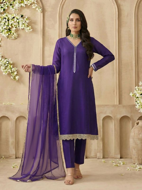 Globus Women Purple V-Neck Zari Embroidered Lace Detail A-Line Kurta with Wide Leg Pants & Dupatta Festive Set