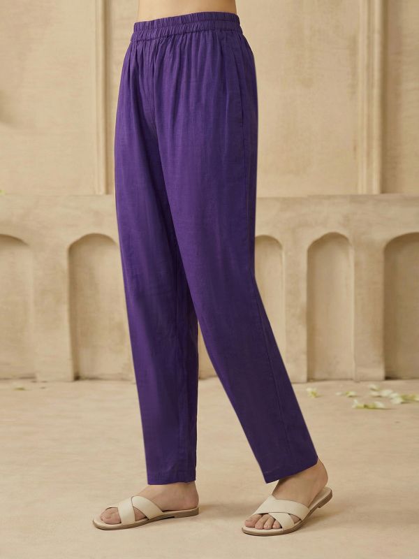 Globus Women Purple V-Neck Zari Embroidered Lace Detail A-Line Kurta with Wide Leg Pants & Dupatta Festive Set