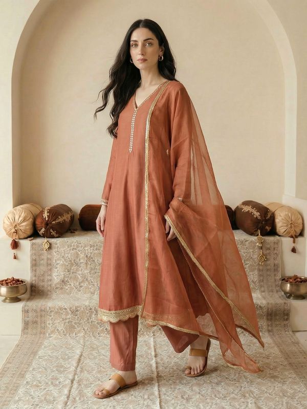Globus Women Orange V-Neck Zari Embroidered & Mirror Work Detail Flared Hem A-Line Kurta with Pants & Dupatta Festive Set