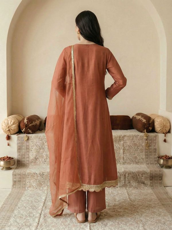 Globus Women Orange V-Neck Zari Embroidered & Mirror Work Detail Flared Hem A-Line Kurta with Pants & Dupatta Festive Set