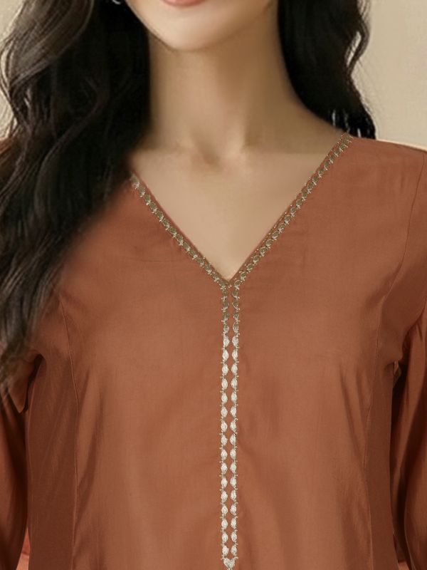 Globus Women Orange V-Neck Zari Embroidered & Mirror Work Detail Flared Hem A-Line Kurta with Pants & Dupatta Festive Set
