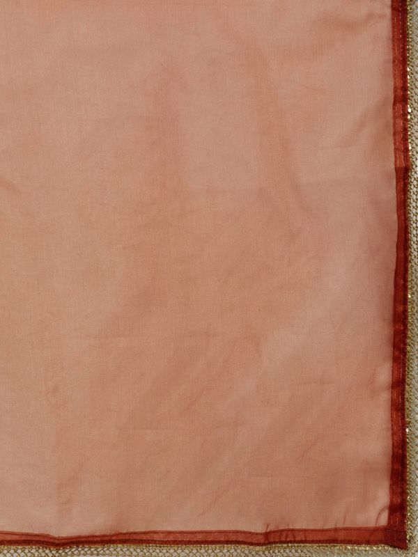 Globus Women Orange V-Neck Zari Embroidered & Mirror Work Detail Flared Hem A-Line Kurta with Pants & Dupatta Festive Set