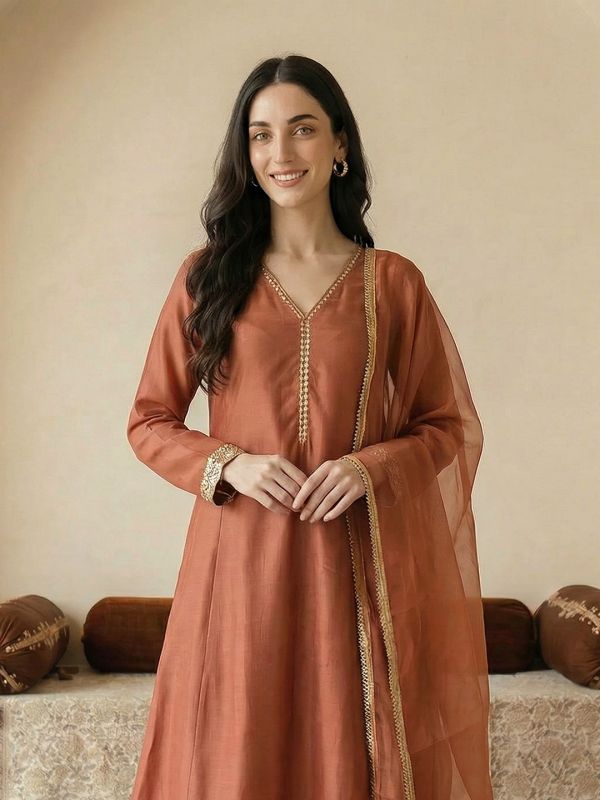 Globus Women Orange V-Neck Zari Embroidered & Mirror Work Detail Flared Hem A-Line Kurta with Pants & Dupatta Festive Set
