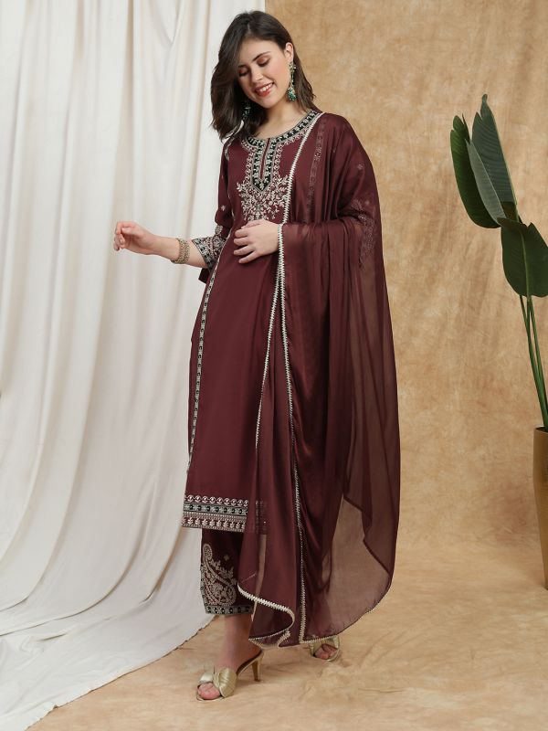 Globus Women Maroon Round Neck All-Over Embroidered Yoke A-Line Kurta with Wide Leg Pants & Dupatta Festive Set