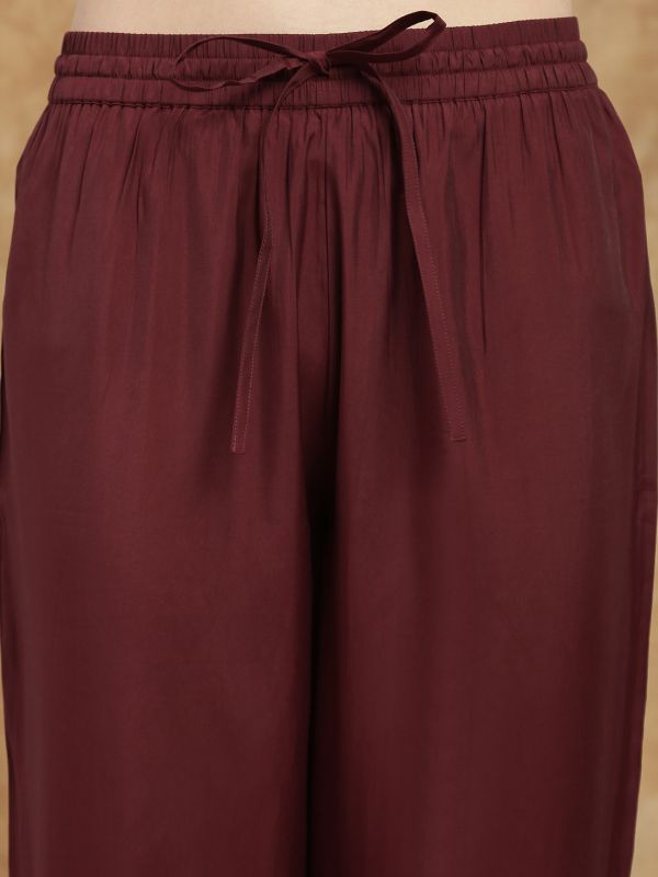Globus Women Maroon Round Neck All-Over Embroidered Yoke A-Line Kurta with Wide Leg Pants & Dupatta Festive Set