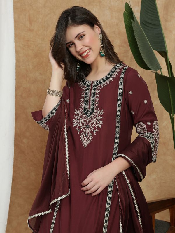 Globus Women Maroon Round Neck All-Over Embroidered Yoke A-Line Kurta with Wide Leg Pants & Dupatta Festive Set