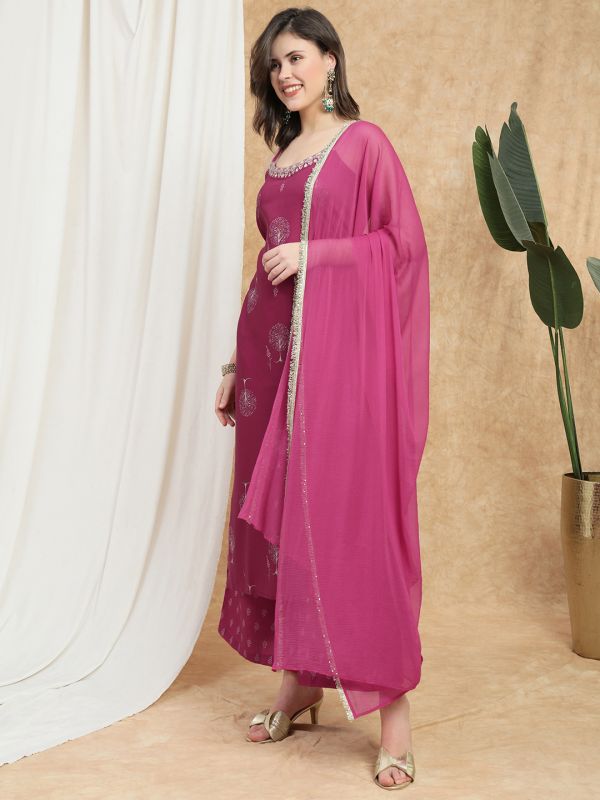 Globus Women Pink Floral Print Sequin Zari Embroidered Round Neck Strappy Sleeves Kurta With Wide Leg Pant & Fringed Lace Dupatta Festive Set