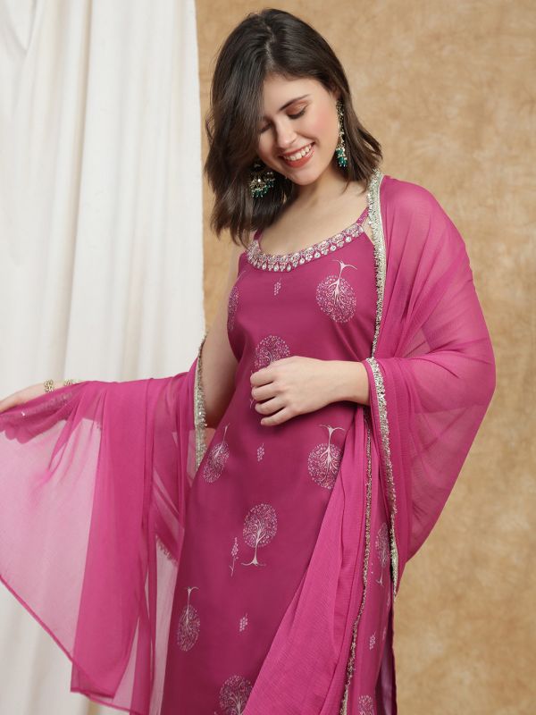 Globus Women Pink Floral Print Sequin Zari Embroidered Round Neck Strappy Sleeves Kurta With Wide Leg Pant & Fringed Lace Dupatta Festive Set