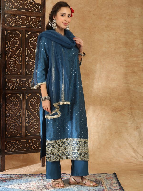 Globus Women Blue Round Neck Polka Dot Foil Print Zari Embroidered Hem Straight Kurta with Trousers & Dupatta Festive Set