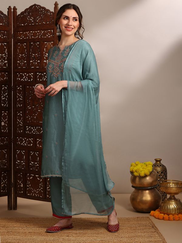 Globus Women Teal Zari Embroidered Yoke Straight Kurta With Wide Leg Pants & Taping Dupatta Festive Set