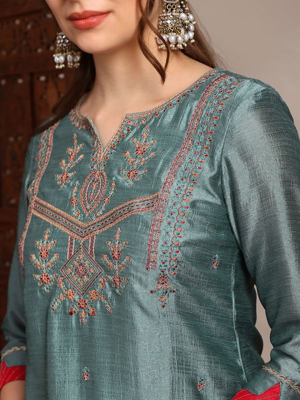 Globus Women Teal Zari Embroidered Yoke Straight Kurta With Wide Leg Pants & Taping Dupatta Festive Set