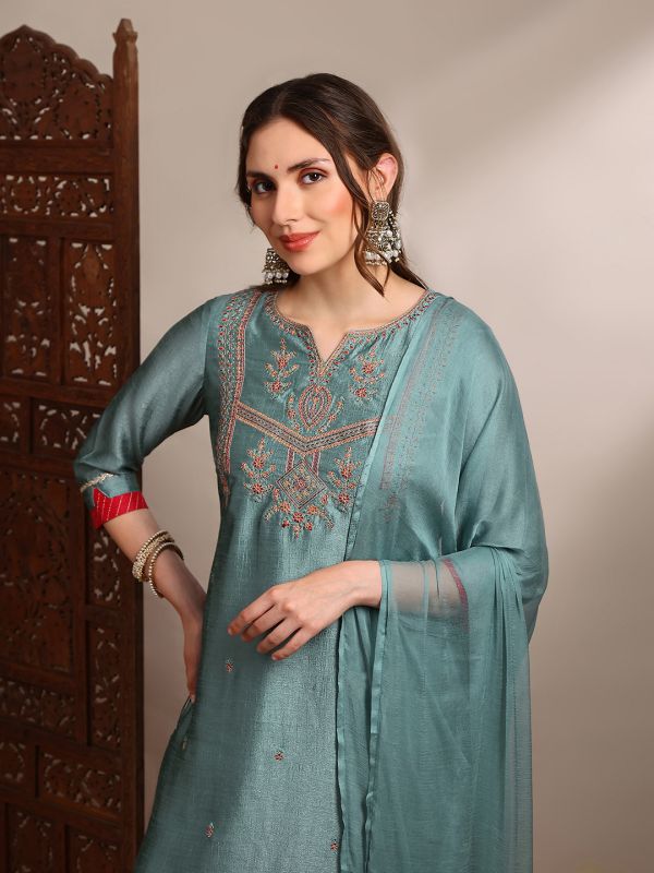 Globus Women Teal Zari Embroidered Yoke Straight Kurta With Wide Leg Pants & Taping Dupatta Festive Set