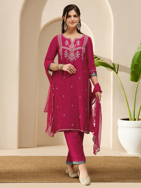 Globus Women Pink Zari Embroidered Yoke Straight Kurta With Wide Leg Pants & Taping Dupatta Festive Set