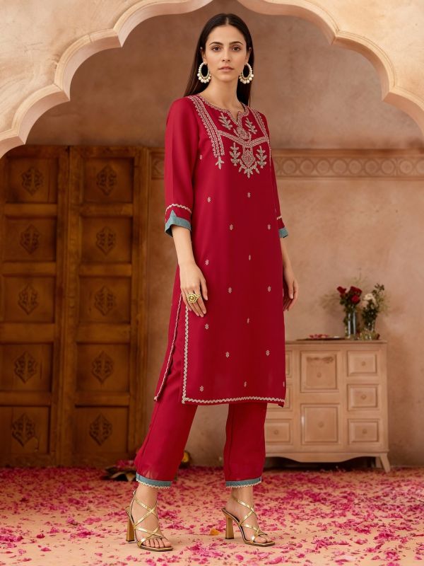 Globus Women Pink Zari Embroidered Yoke Straight Kurta With Wide Leg Pants & Taping Dupatta Festive Set