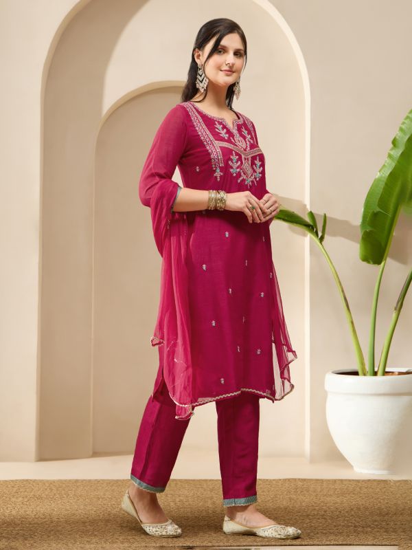 Globus Women Pink Zari Embroidered Yoke Straight Kurta With Wide Leg Pants & Taping Dupatta Festive Set