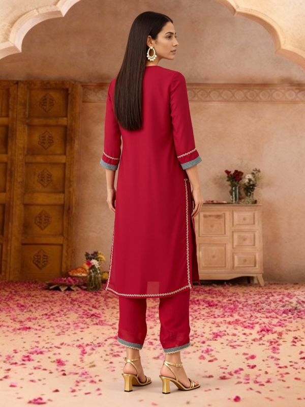 Globus Women Pink Zari Embroidered Yoke Straight Kurta With Wide Leg Pants & Taping Dupatta Festive Set