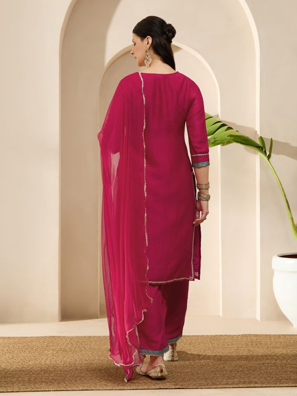 Globus Women Pink Zari Embroidered Yoke Straight Kurta With Wide Leg Pants & Taping Dupatta Festive Set