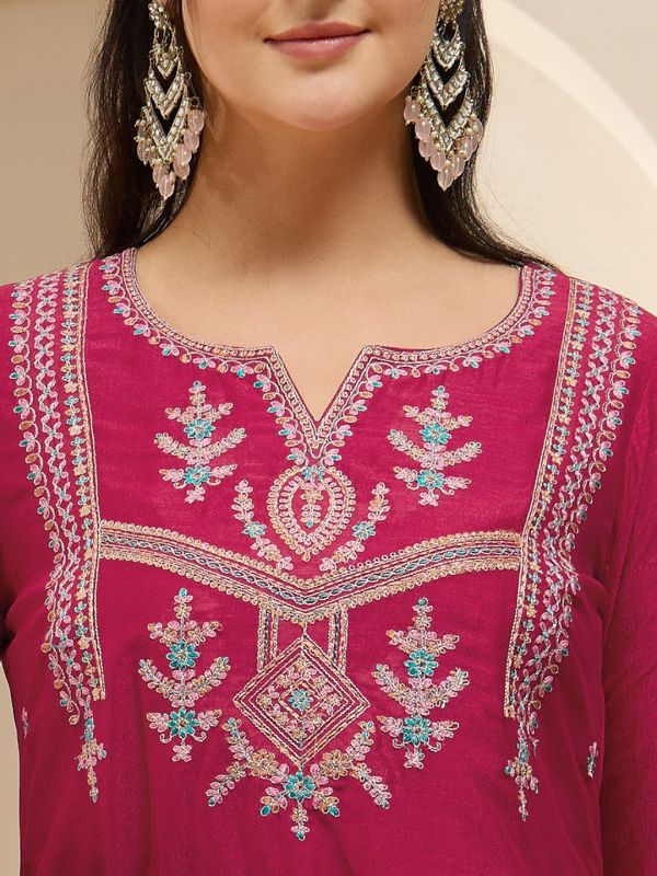 Globus Women Pink Zari Embroidered Yoke Straight Kurta With Wide Leg Pants & Taping Dupatta Festive Set