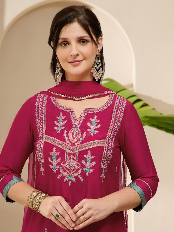 Globus Women Pink Zari Embroidered Yoke Straight Kurta With Wide Leg Pants & Taping Dupatta Festive Set