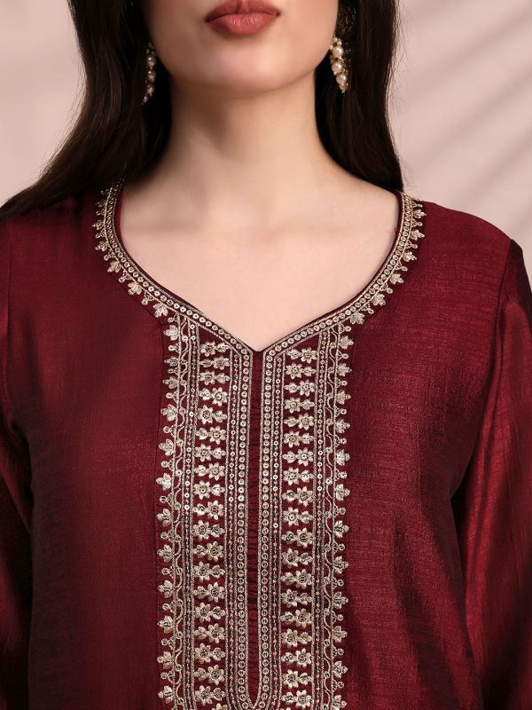 Globus Women Maroon V-Neck Sequin & Zari Embroidered Yoke A-Line Kurta With Pant & Dupatta Festive Set