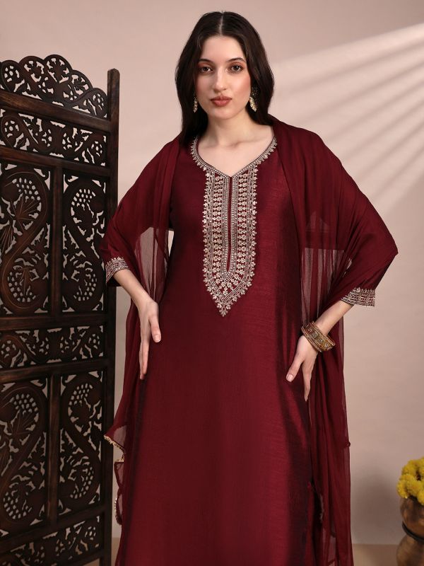 Globus Women Maroon V-Neck Sequin & Zari Embroidered Yoke A-Line Kurta With Pant & Dupatta Festive Set