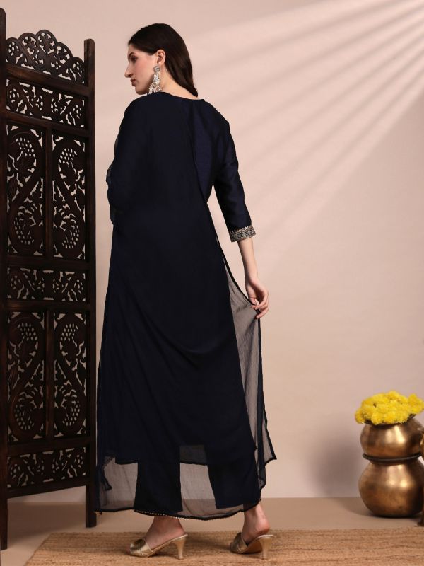 Globus Women Blue V-Neck Sequin & Zari Embroidered Yoke A-Line Kurta With Pant & Dupatta Festive Set