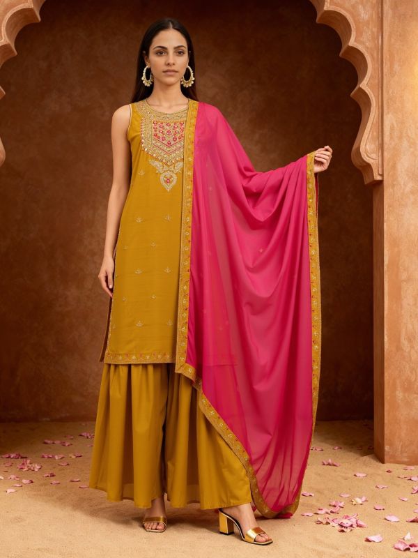 Globus Women Mustard Floral Zari Embroidered Round Neck Straight Kurta With Sharara & Taping Dupatta Festive Set