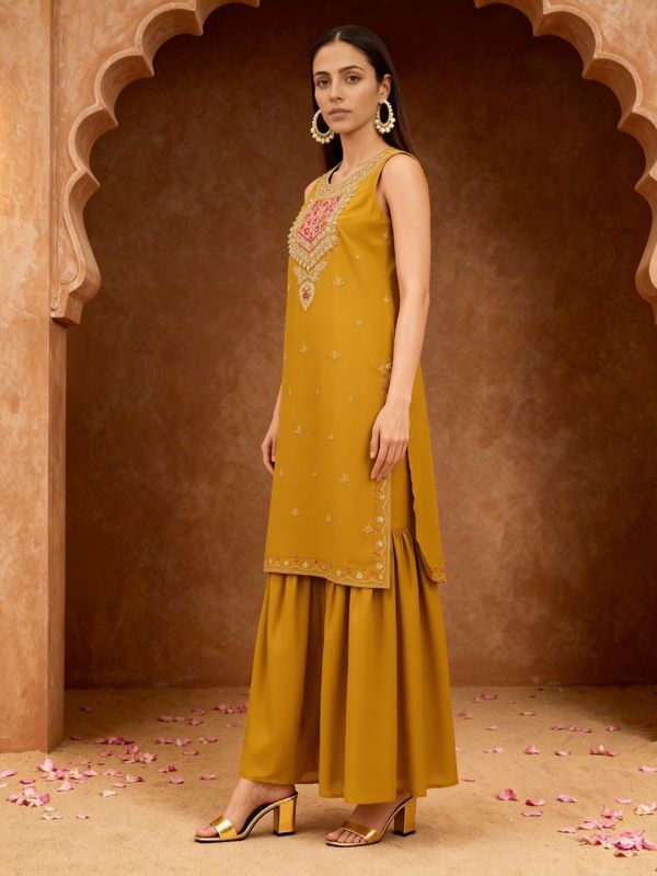 Globus Women Mustard Floral Zari Embroidered Round Neck Straight Kurta With Sharara & Taping Dupatta Festive Set