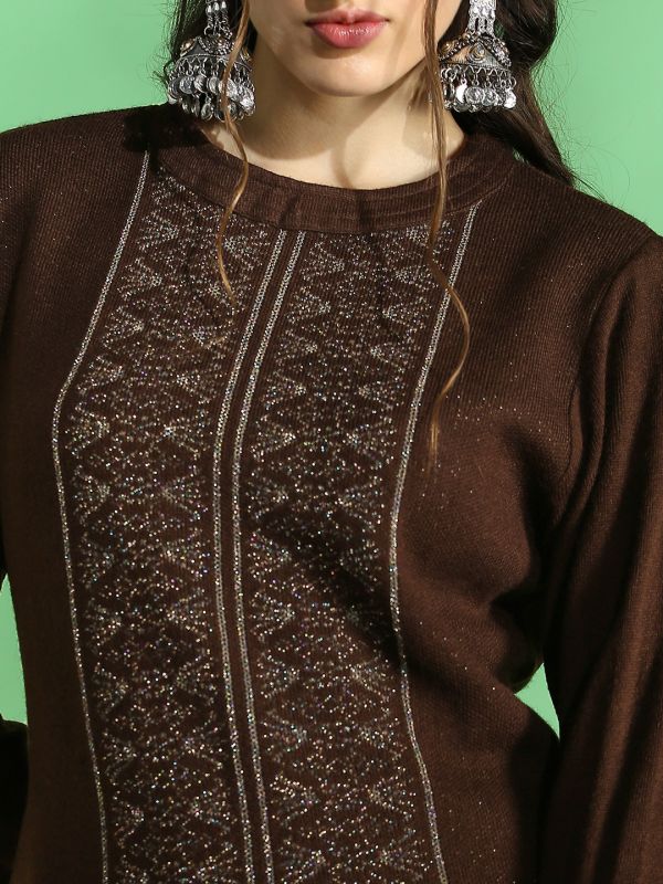 Globus Women Brown Round Neck Full Sleeves Placement Weave Knitted Acrylic Loose Fit Winter Wear Kurta