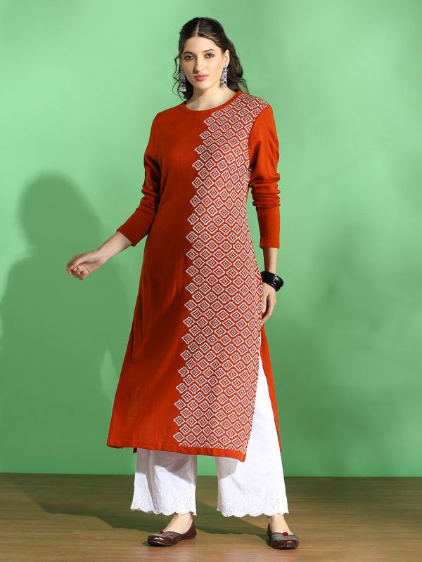 Globus Women Rust Round Neck Full Sleeves Geometric Print Placement Weave Knitted Acrylic Loose Fit Winter Wear Kurta