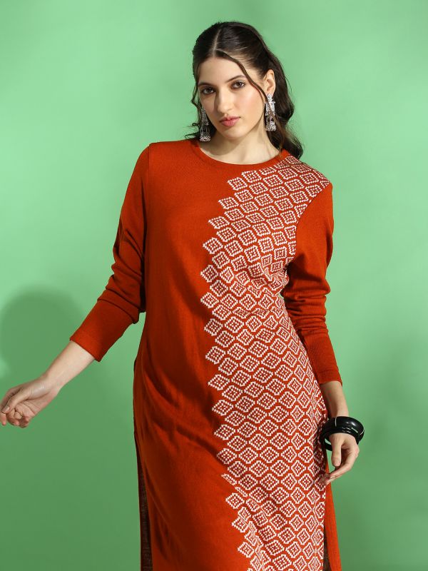 Globus Women Rust Round Neck Full Sleeves Geometric Print Placement Weave Knitted Acrylic Loose Fit Winter Wear Kurta