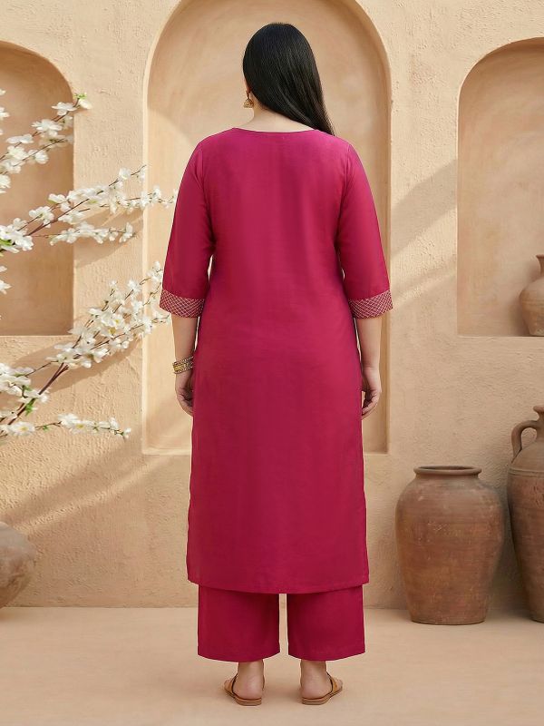 Globus Gloplus Women Pink Zari Embroidered V-Neck Straight Plus Size Kurta with Wide Leg Pants Workwear Set