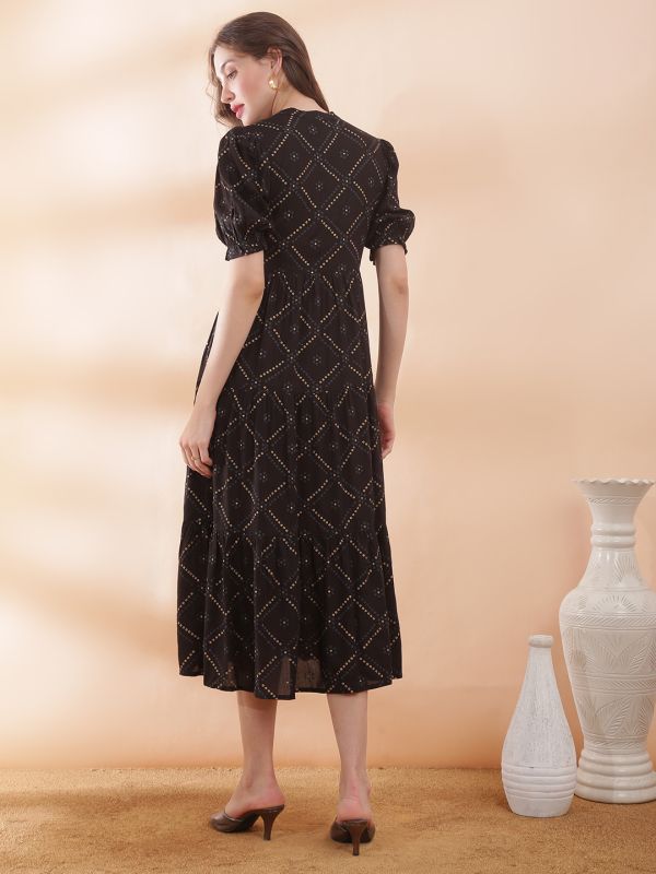 Globus Women Black Bandhani Printed Mandarin Collar Puff Sleeves Waist Tie-Ups Tiered A-Line Midi Dress