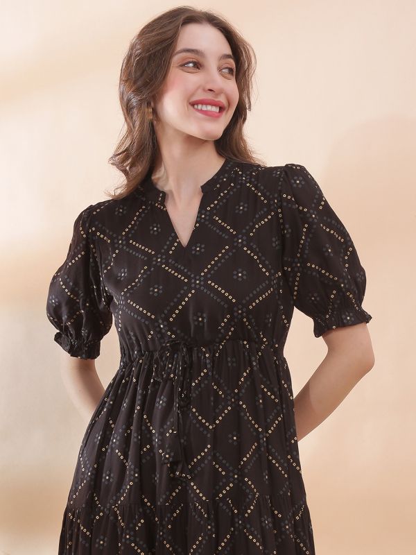 Globus Women Black Bandhani Printed Mandarin Collar Puff Sleeves Waist Tie-Ups Tiered A-Line Midi Dress