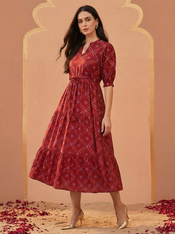 Globus Women Red Bandhani Print Mandarin Collar Puff Sleeves Waist Tie-Ups Tiered Fit & Flare Midi Dress
