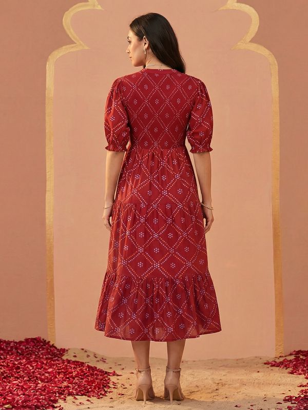 Globus Women Red Bandhani Print Mandarin Collar Puff Sleeves Waist Tie-Ups Tiered Fit & Flare Midi Dress