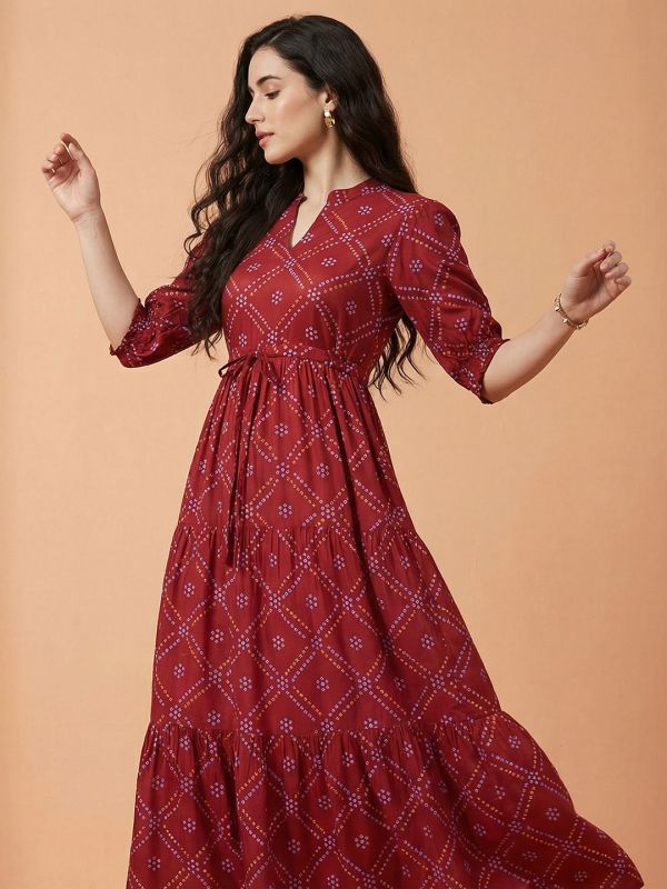 Globus Women Red Bandhani Print Mandarin Collar Puff Sleeves Waist Tie-Ups Tiered Fit & Flare Midi Dress
