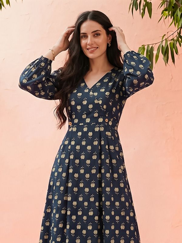 Globus Women Blue Allover Floral Printed V-Neck Bishop Sleeves Fit & Flare Midi Dress