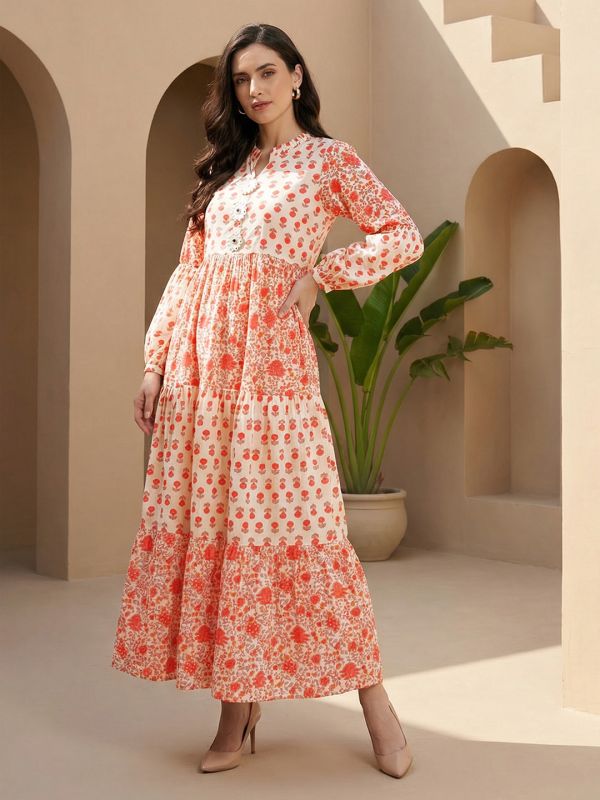 Globus Women Off White Floral Printed Mandarin Collar Bishop Sleeves Tiered Fit & Flare Maxi Fusion Dress