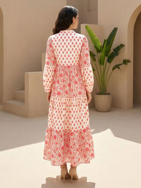 Globus Women Off White Floral Printed Mandarin Collar Bishop Sleeves Tiered Fit & Flare Maxi Fusion Dress