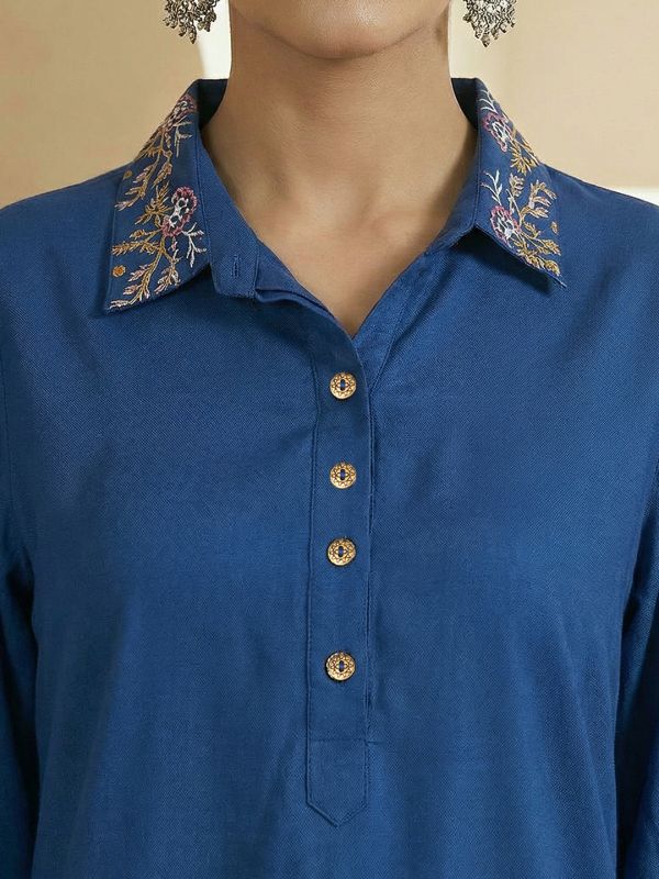 Globus Women Blue Floral Embroidered Shirt Collar Cuffed Sleeves Top & Mid-Rise Pants Fusion Co-Ord Set