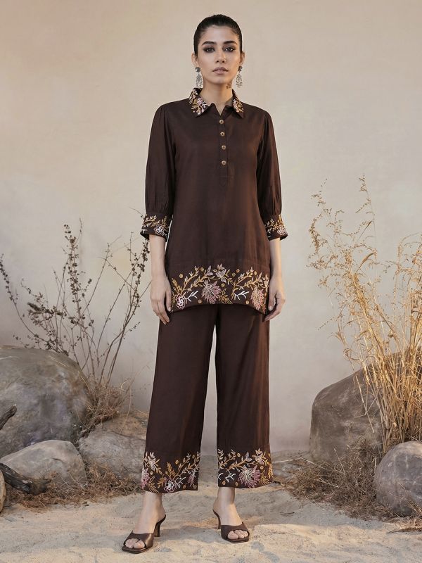 Globus Women Brown Floral Embroidered Shirt Collar Cuffed Sleeves Top & Mid-Rise Pants Fusion Co-Ord Set