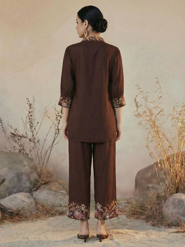 Globus Women Brown Floral Embroidered Shirt Collar Cuffed Sleeves Top & Mid-Rise Pants Fusion Co-Ord Set