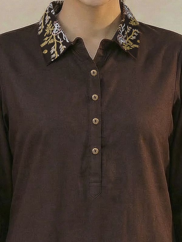 Globus Women Brown Floral Embroidered Shirt Collar Cuffed Sleeves Top & Mid-Rise Pants Fusion Co-Ord Set