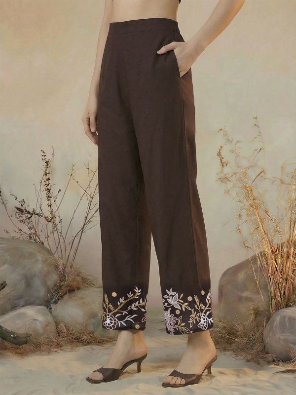Globus Women Brown Floral Embroidered Shirt Collar Cuffed Sleeves Top & Mid-Rise Pants Fusion Co-Ord Set