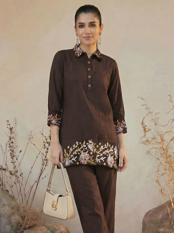 Globus Women Brown Floral Embroidered Shirt Collar Cuffed Sleeves Top & Mid-Rise Pants Fusion Co-Ord Set