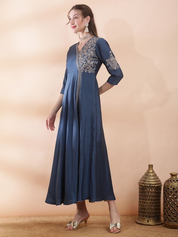 Globus Women Blue V-Neck Sequin Floral Embroidery Gotta Lace Insert Fit and Flare Maxi Festive Dress