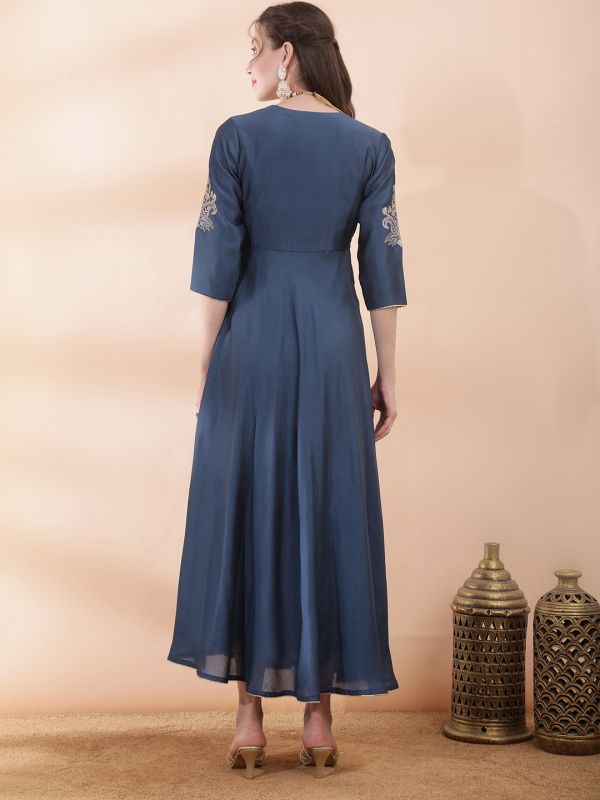 Globus Women Blue V-Neck Sequin Floral Embroidery Gotta Lace Insert Fit and Flare Maxi Festive Dress