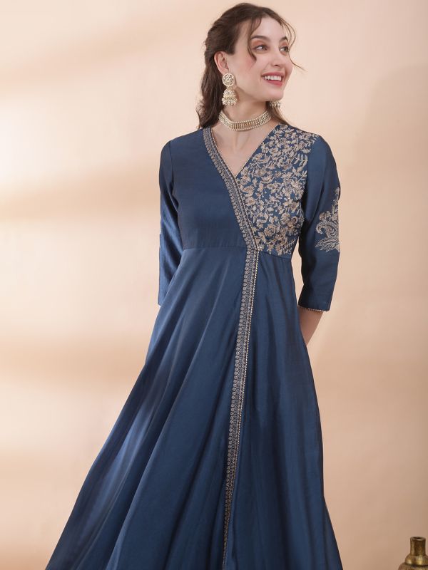Globus Women Blue V-Neck Sequin Floral Embroidery Gotta Lace Insert Fit and Flare Maxi Festive Dress