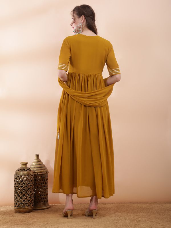 Globus Women Yellow Sequinned Embroidered V-Neck Pleated Flared Hem A-Line Maxi Festive Dress With Dupatta Set